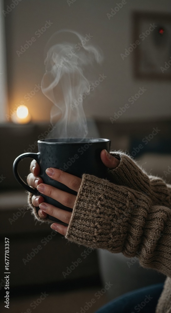 Naklejka premium A person's hands, adorned with a cozy cable-knit sweater, gently cup a steaming dark mug in a warmly lit, blurred indoor setting, conveying comfort.