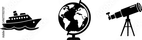 Simple Vector Icons of Ship, Earth, and Telescope for Global Exploration
