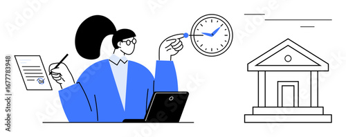 Woman holding signed document and pen, pointing to clock, with laptop and bank image. Ideal for finance, time management, banking, productivity, loans, deadlines organization simple flat metaphor