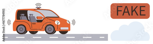 Orange self-driving car with sensors emitting signals, driving on a road by a Fake sign. Ideal for AI, technology, automotive, safety, innovation, machine learning critical thinking themes. Simple
