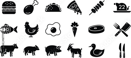 A collection of black and white icons representing various food items and the farm animals they originate from.