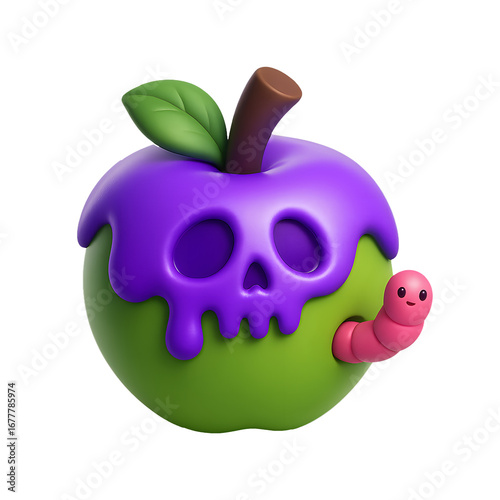 Spooky Apple with Skull and Worm 3D Cartoon Illustration