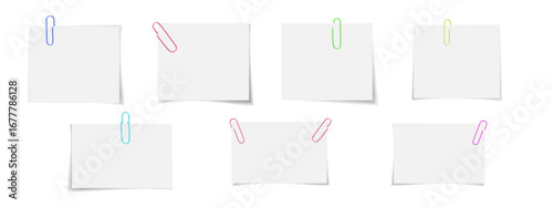 Blank rectangular papers with plastic paperclips in multiple positions. Vector stationery set for office, school, or message templates.