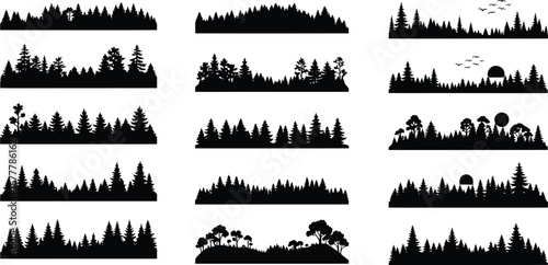 A collection of 15 distinct black silhouette illustrations of forest and tree line landscapes, showcasing various tree types and densities.