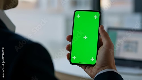Mobile technology: Businessman in a suit holds a smartphone with a green screen for chroma key compositing in an office setting