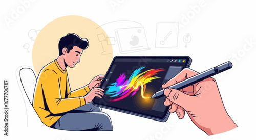 Content creator, digital influencer, stream vector  digital artist creating colorful artwork on tablet using stylus pen for graphic design and illustration work