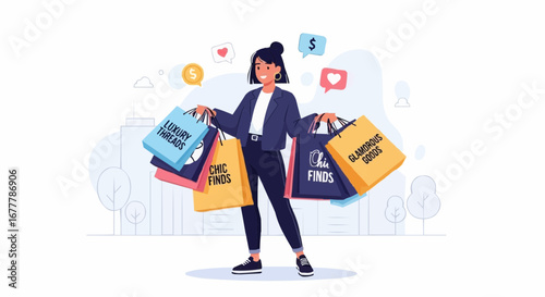 Content creator, digital influencer, stream vector  woman shopping fashion apparel and luxury goods online retail therapy with shopping bags full of clothes