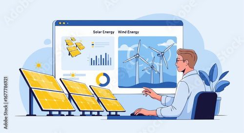 Content creator, digital influencer, stream vector  renewable energy analysis dashboard showing solar panels wind turbines and data charts for sustainability