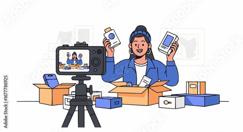 Content creator, digital influencer, stream vector  product review video online influencer unboxing items streaming live content creator vlog on camera setup