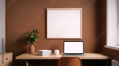 Stylish modern inrerior living room design, table, armchair, laptop with empty screen, white wooden frame for painting an wall mock up, green plant