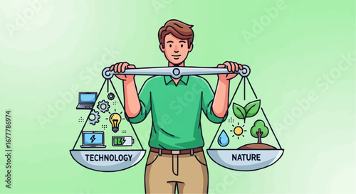 Content creator, digital influencer, stream vector  balancing technology and nature concept showing environmental sustainability with innovation and ecology balance