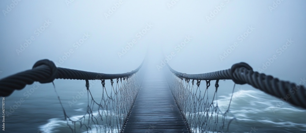 Fototapeta premium Mystical Suspension Bridge Disappearing into Thick Fog Over Troubled Waters