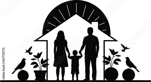 Silhouette of a family standing in front of a house with plants and birds.