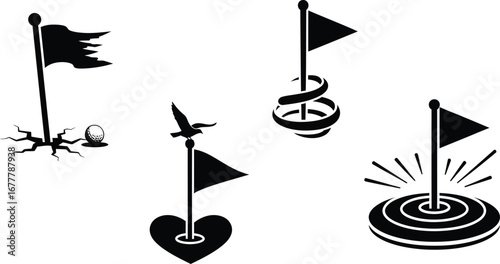 A collection of five creative black silhouette golf flag icons representing various abstract concepts.