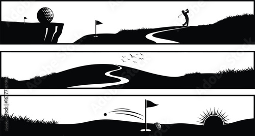 Silhouette illustrations of golfers on a golf course.