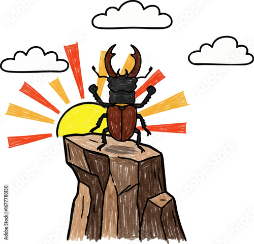 A Stag Beetle's Heroic Pose at Sunrise