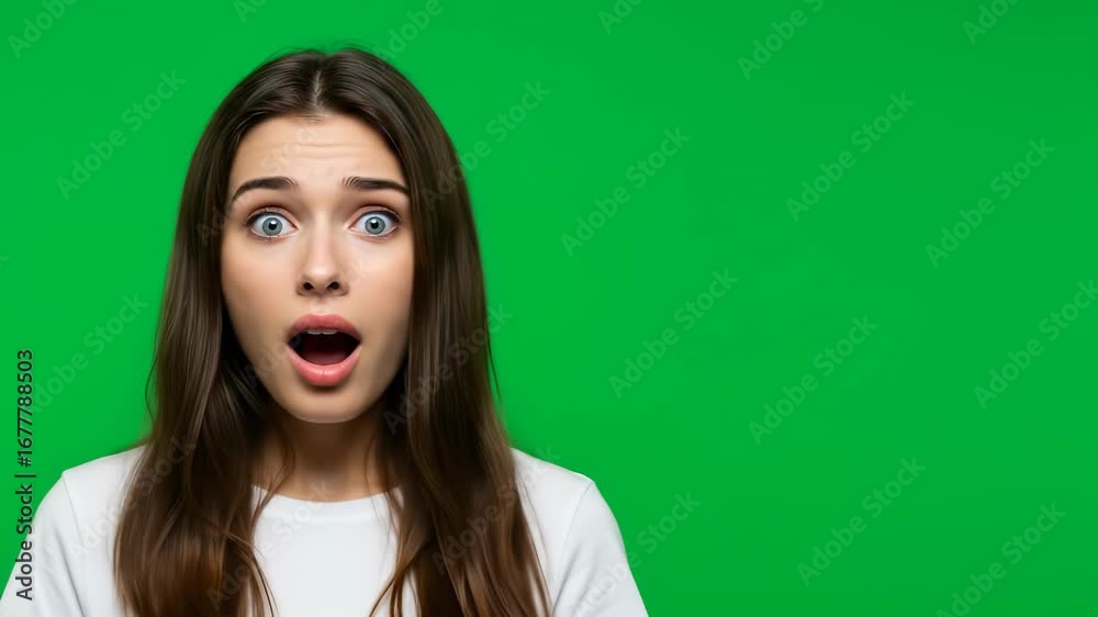 Shocked Brunette: A Woman in Her 20s Reacts with Surprise Against Green Screen Backdrop
