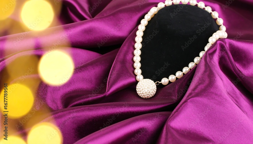 Fototapeta premium Elegant pearl necklace on purple silk