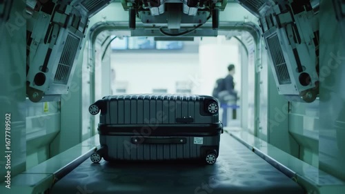 Airport baggage scanner, suitcase on conveyor belt, passengers in background