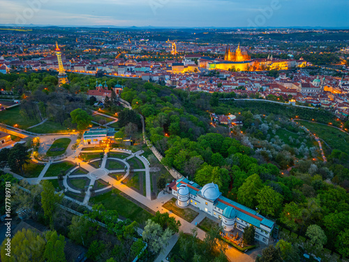 Sunset panorama view of Hradcany from Petrin hill in Prague, Cze