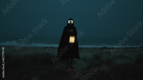Mysterious Man On A Night Near The Ocean Searches For Spirits With Lantern
