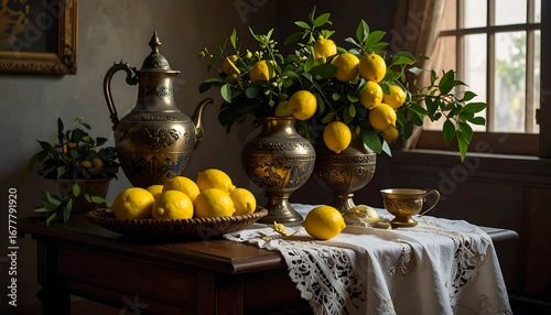 Lemons in antique vases