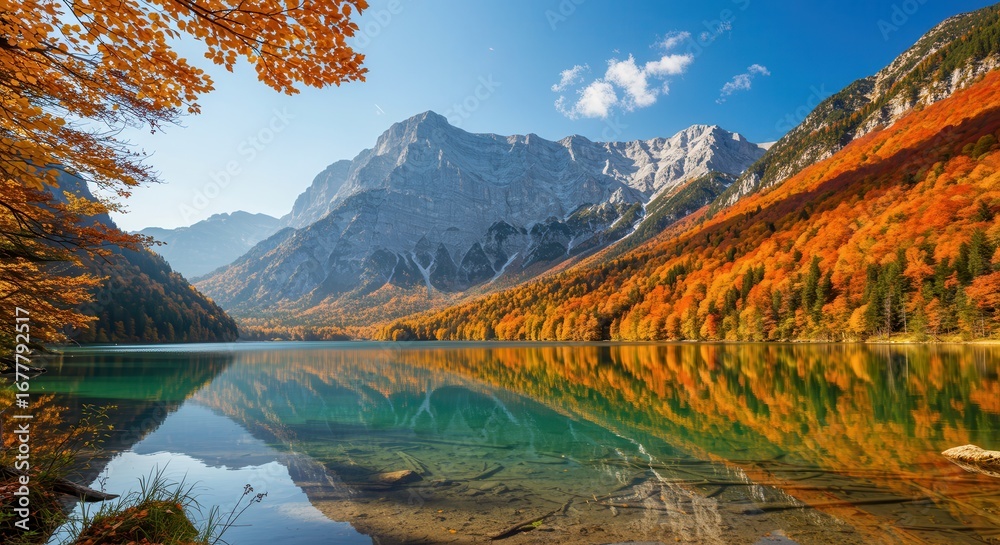 Naklejka premium Scenic autumn landscape featuring a pristine lake reflecting the surrounding mountains and vibrant foliage in berchtesgaden national park