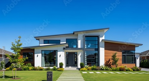 Modern Luxury Home with Wood Accents and Large Windows.