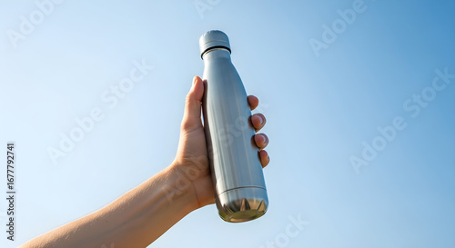 Person Holding a Silver Reusable Water Bottle Outdoors.