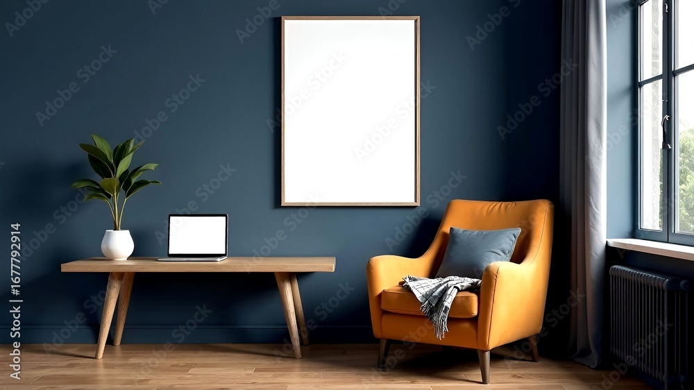 Fototapeta premium Stylish modern inrerior living room design, table, armchair, laptop with empty screen, white wooden frame for painting an wall mock up, green plant
