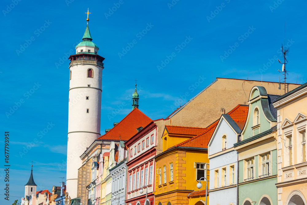 Fototapeta premium Nativity of virgin mary church at peace square in Domazlice, Cze