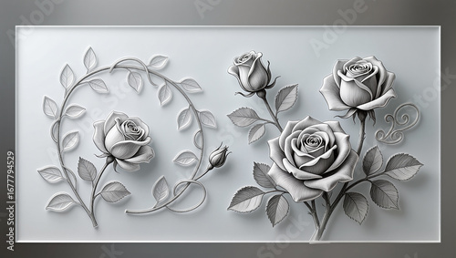 Elegant gray roses carved in relief on a soft background