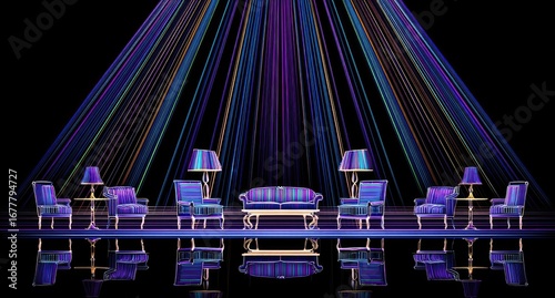Colorful, stylized living room scene with reflections