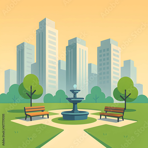 City Park Oasis Tranquil Fountain and Benches Amidst Skyscrapers