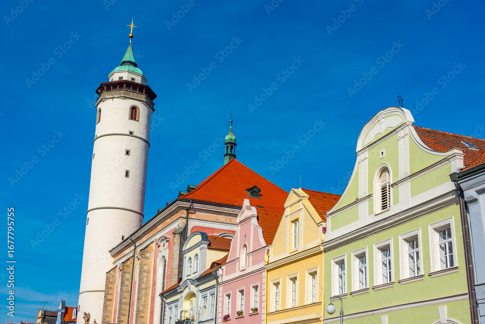 Obraz premium Nativity of virgin mary church at peace square in Domazlice, Cze