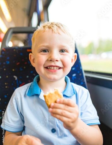Happy boy eating a biscuit on a bus