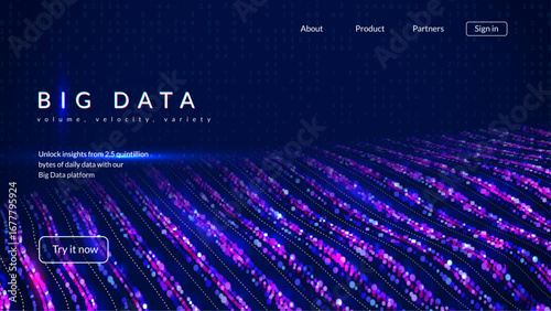 Big Data Wave Abstract Background. Technology Bg With Dynamic  Lines, Dots And Numbers For AI Network. Digital Cloud Pattern With A Gradient Effect And Information Flow. Blue Tech Big Data Wave