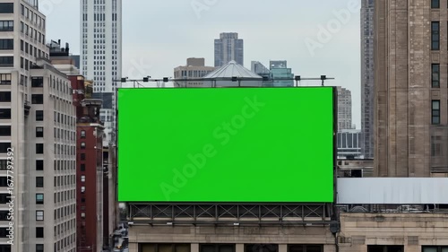 Urban Billboard in New York City Skyline, showcasing a green screen ideal for advertising mockups, on a cloudy day above city streets.
