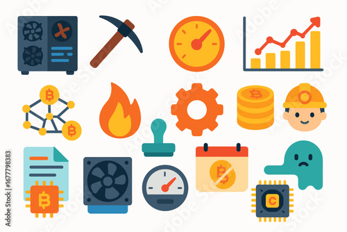 Cryptocurrency flat icon set. bitcoin, mining, blockchain technology, finance icons pack