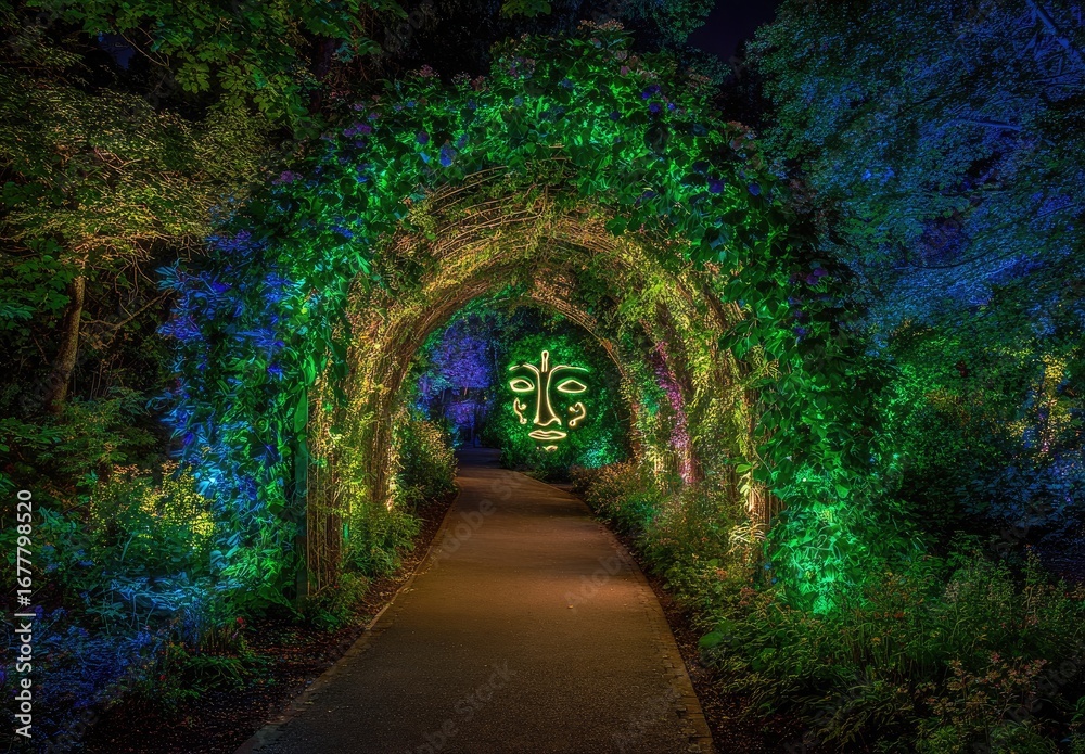 Obraz premium Illuminated garden archway at night (1)