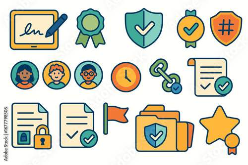 Document, certification filled icon set. approval, security, badge icons collection