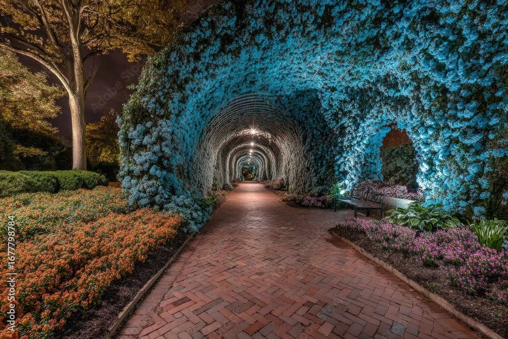 Obraz premium Nighttime garden tunnel, vibrant blooms