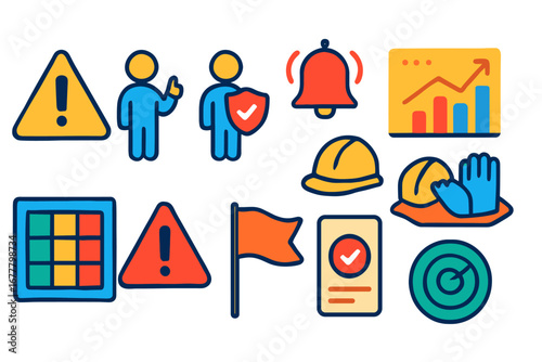 Safety and warning icon set. flat icons for alerts, protection, and notifications