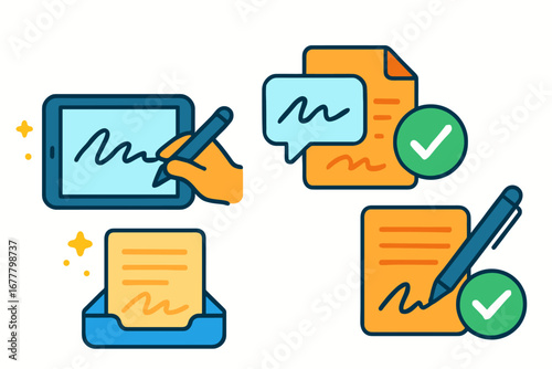 Document signature flat icon set. contract, approval, digital signing flat collection
