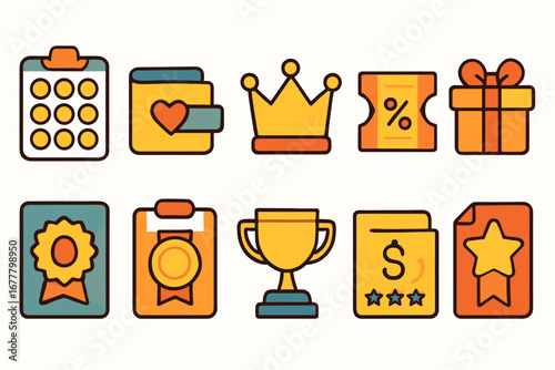 Awards and gift flat icon set. recognition, badge, trophy, prize, coupon collection