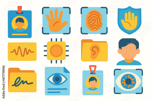 Biometric security flat icon set. identification, privacy, safe access icons collection