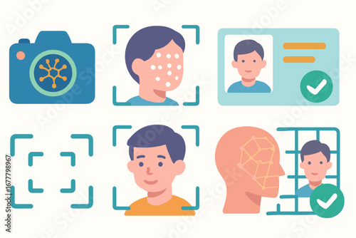 Facial recognition flat icon set. biometric, identification, security icons collection