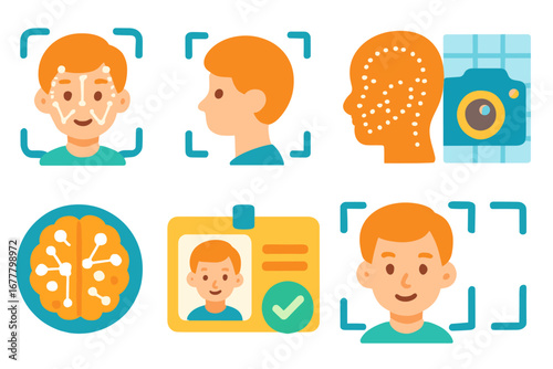 Face recognition flat icon set. biometric, camera, brain symbols in flat style