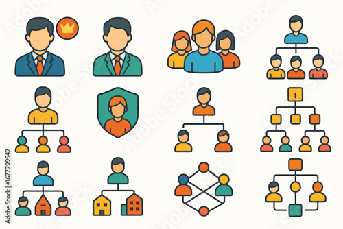 Business organization flat icon set. team, structure, hierarchy, network flat icons