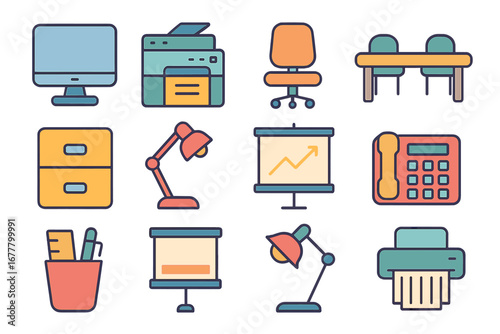 Office equipment icon set: outline icons for business essentials
